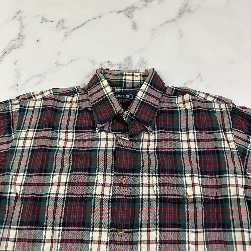 Lands End Mens Vintage 90s Plaid Shirt Size L Red Green Wool Cotton Blend - Picture 2 of 11